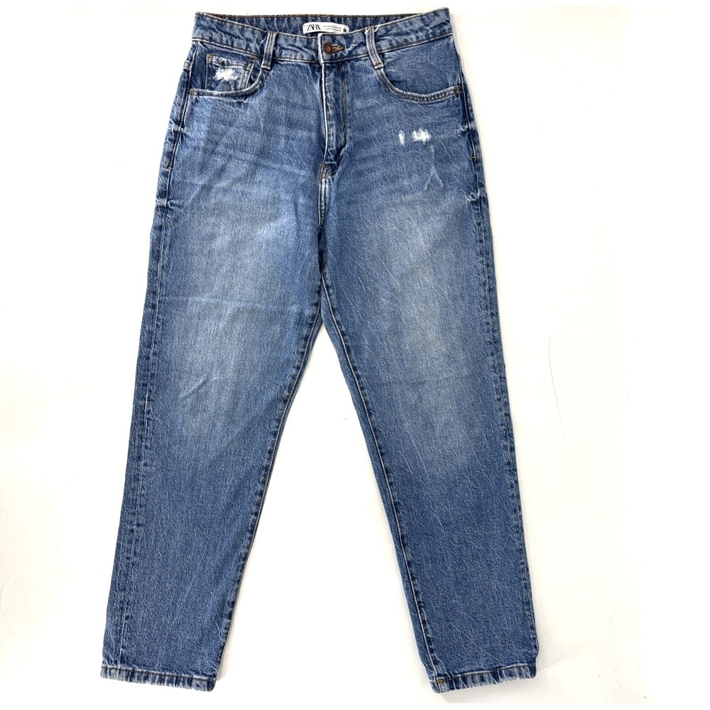 Zara High Rise Wide Leg Straight Jeans Women 8/28 Cotton Baggy Distressed